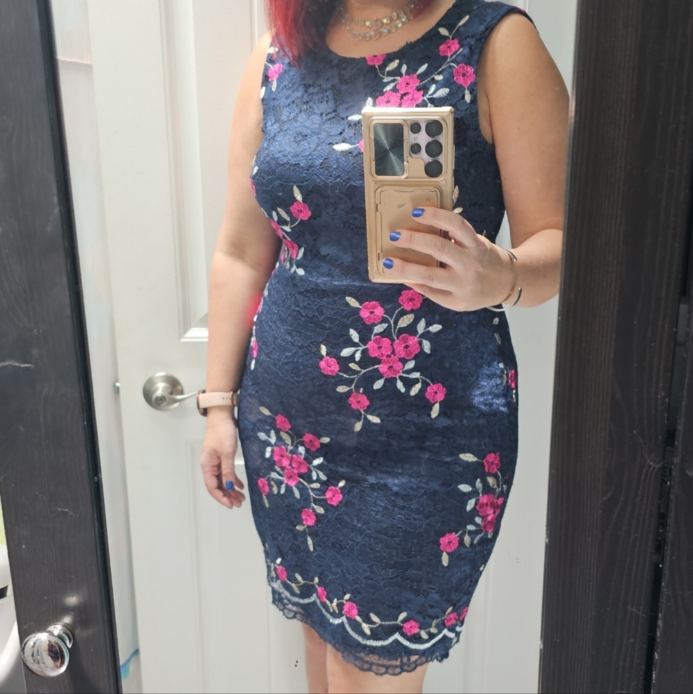 DKNY Navy Blue Floral Lace Cocktail Sheath Dress Sz 12